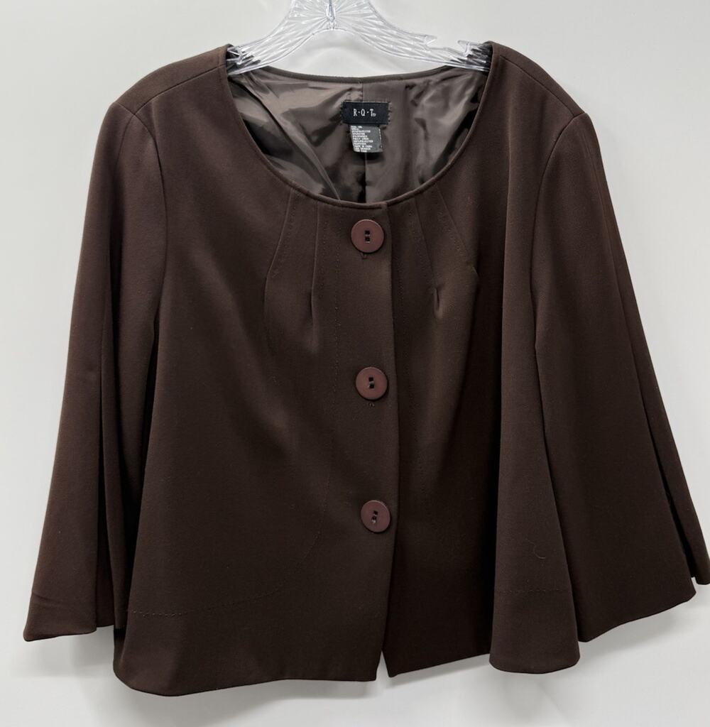 R.Q.T Brown Open Front Jacket Bell Sleeve Career Office Blazer Womens 16